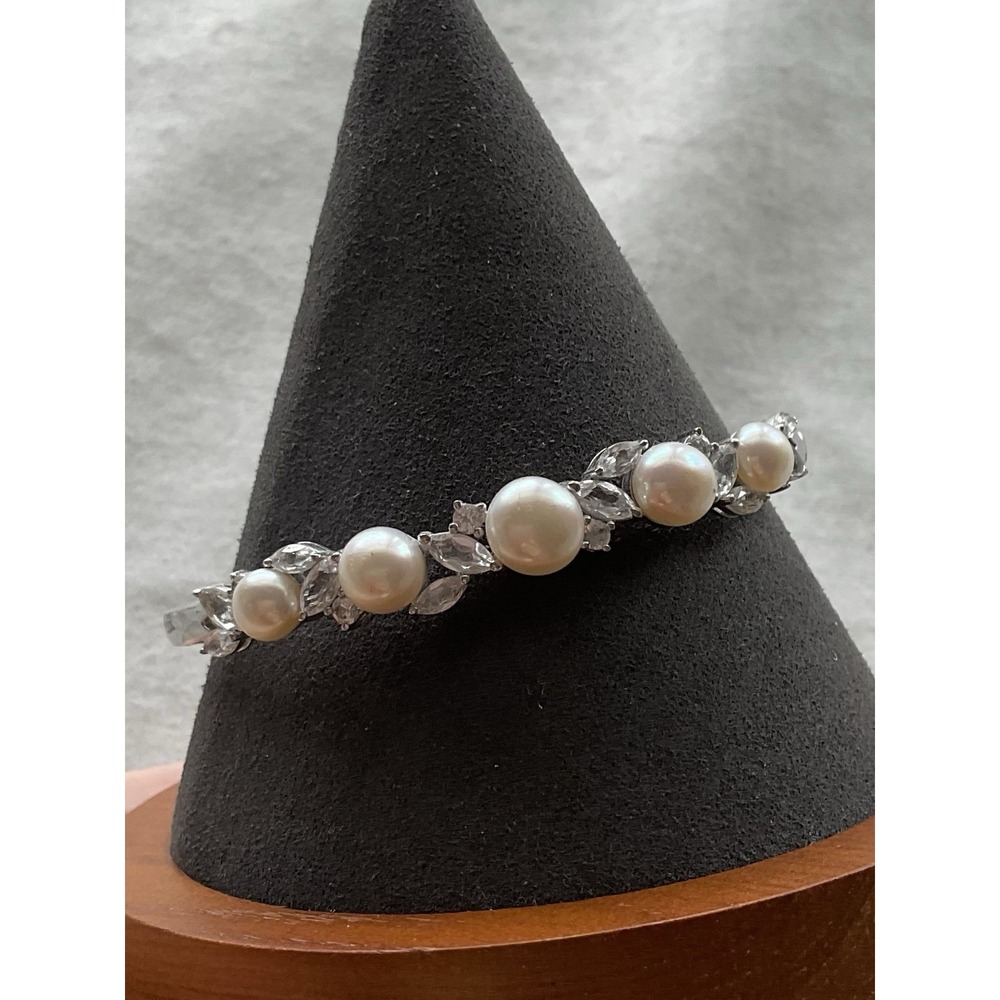 925 Sterling Silver Hinged Pearl Bracelet Marquise Cut Clear Stones Estate Jewel